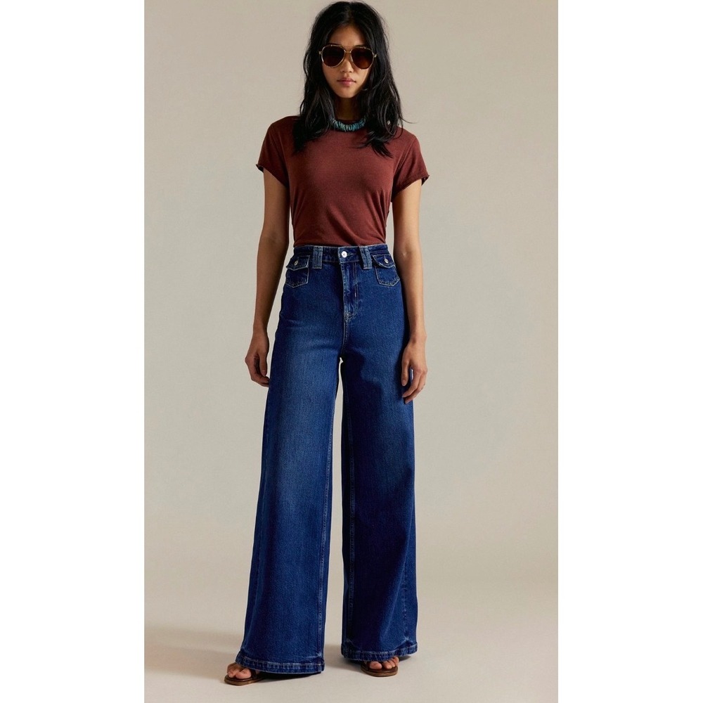 We the free Kellee wide leg extra long palazzo denim pants NWOT blue night